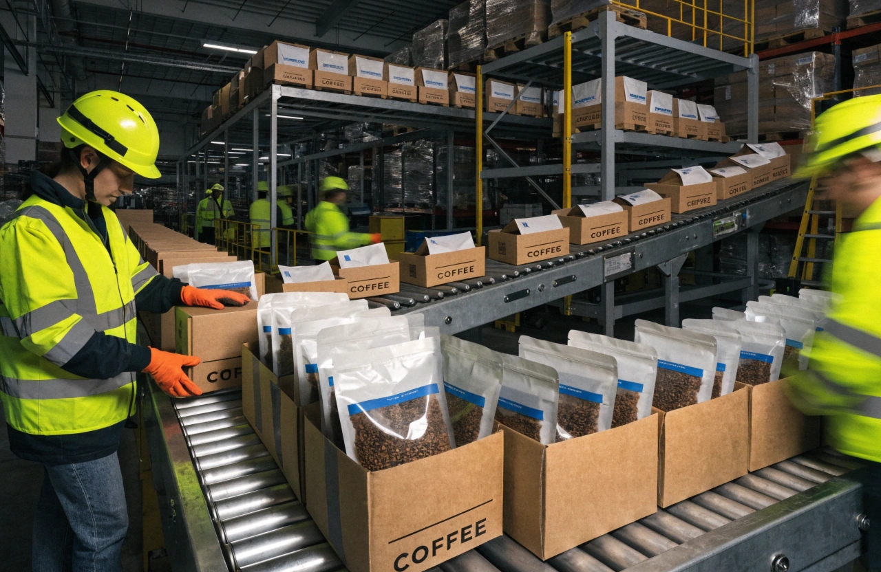 Workers packaging coffee pouches on conveyor line inside warehouse factory