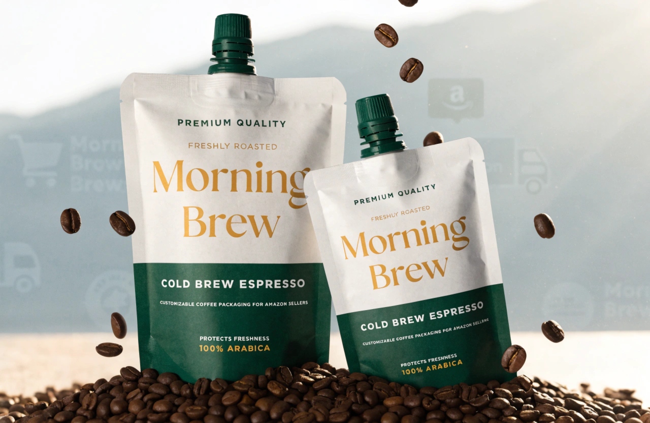 Custom coffee spout pouches with espresso branding and floating coffee beans.