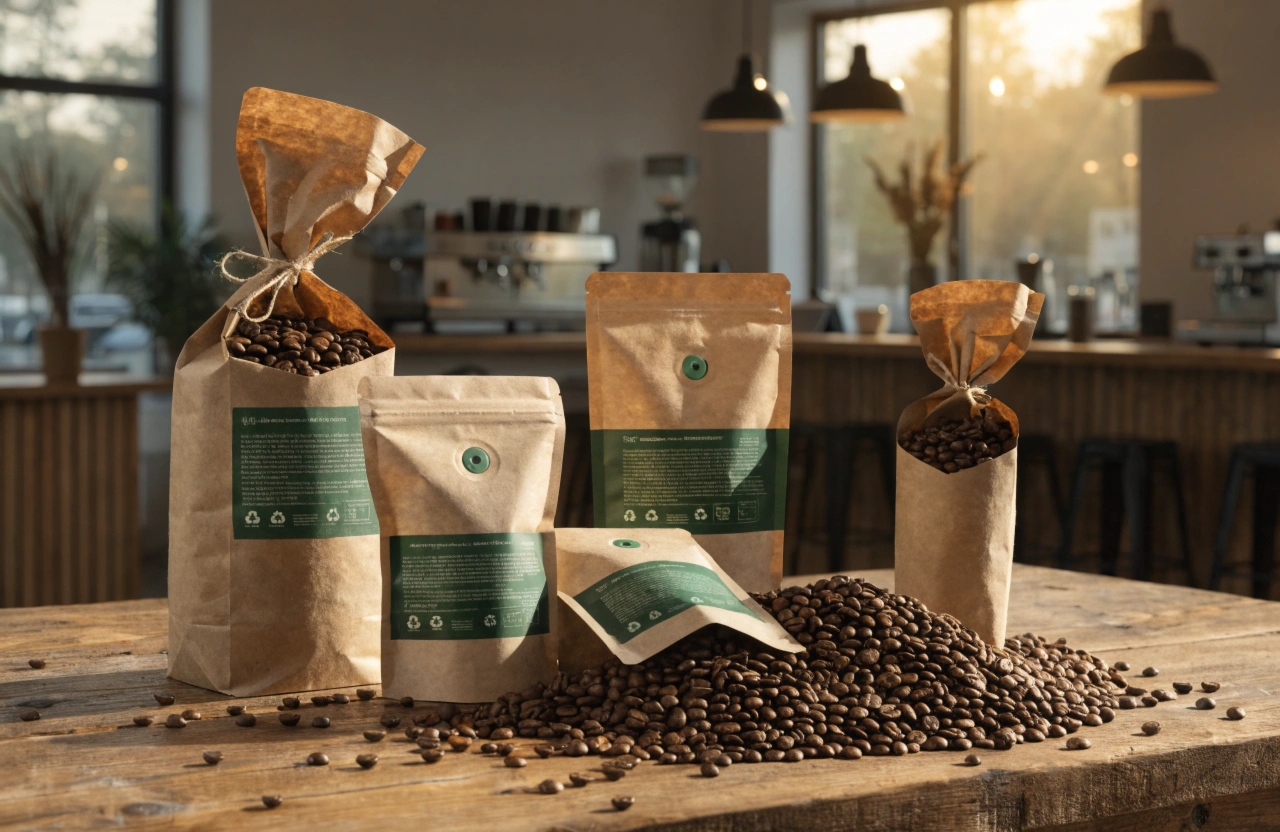 Sustainable kraft coffee bags with valve and zipper for freshness.