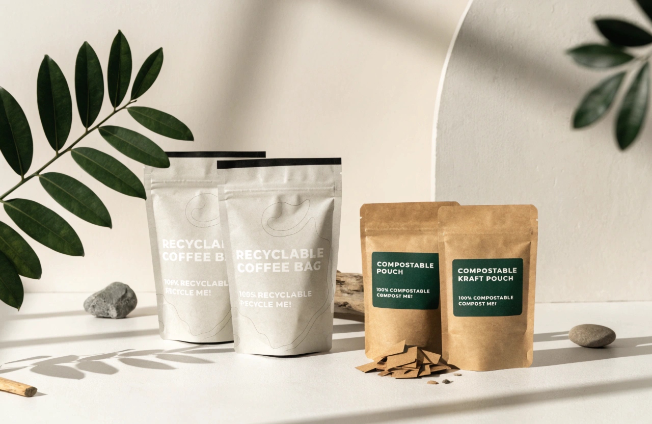 Recyclable and compostable coffee pouches with sustainable kraft packaging materials.