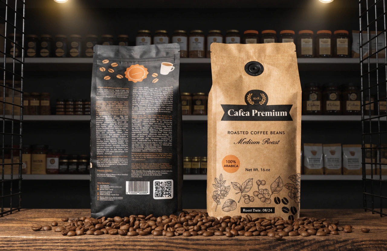 Custom printed coffee packaging pouches with valve, premium roasted coffee bean bags display.