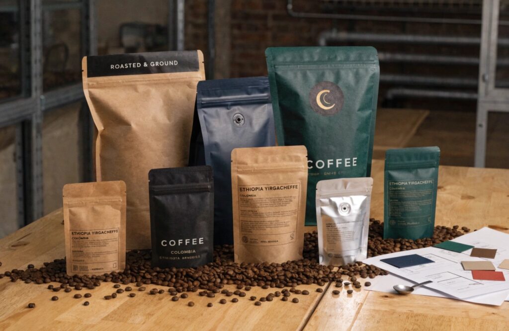 Custom coffee packaging pouches with valve, stand-up bags, kraft paper designs