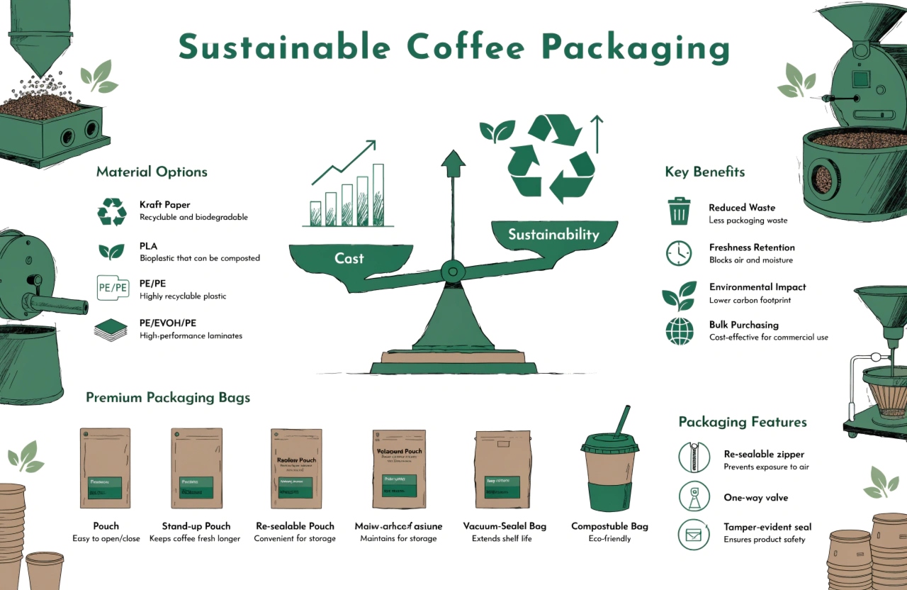Eco-friendly coffee packaging bags with recyclable materials and freshness features.