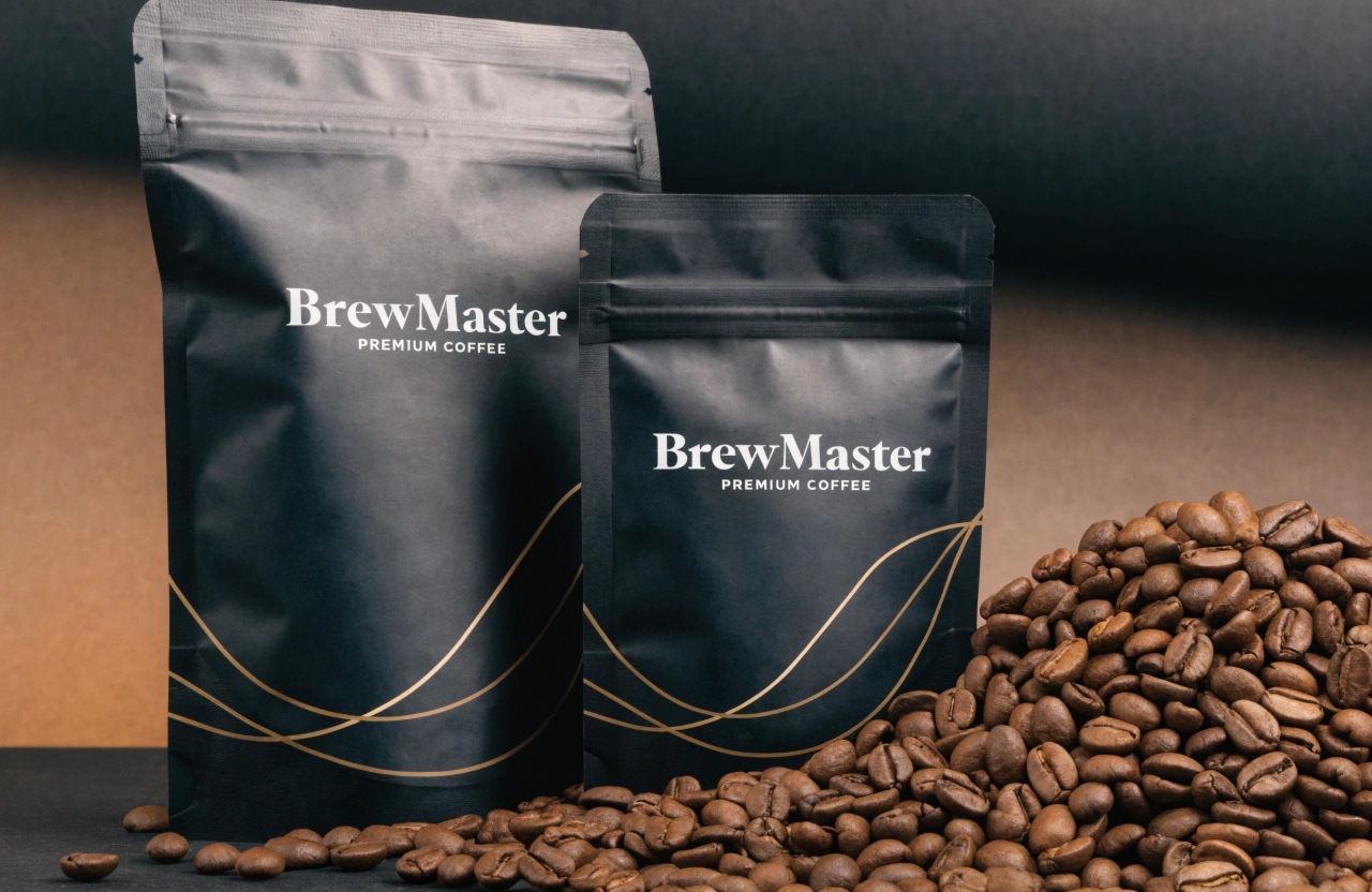 Matte black resealable coffee packaging bags displayed with roasted coffee beans.
