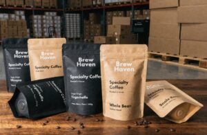 Custom kraft and black coffee packaging pouches displayed in warehouse setting.