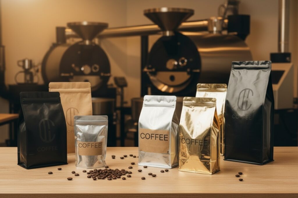 Custom coffee packaging pouches and side gusset bags displayed in coffee roasting facility.