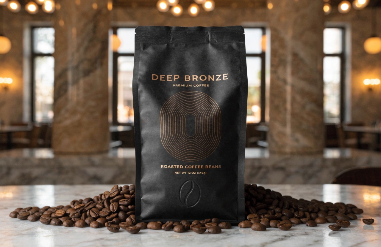 Matte black coffee packaging pouch with roasted coffee beans display.