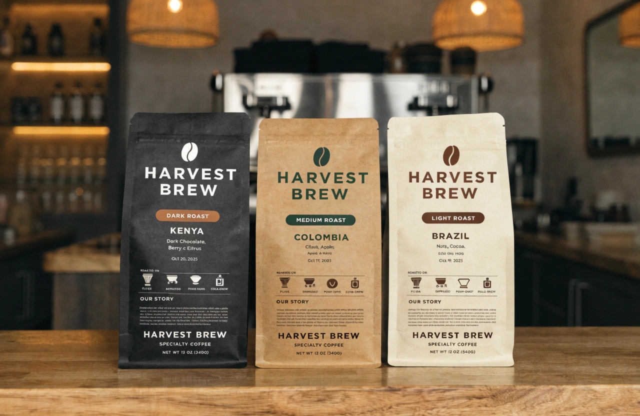 Custom stand up coffee pouches in dark, medium, and light roast designs.