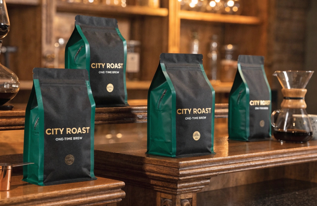 Custom coffee packaging bags displayed in café with brewing equipment.