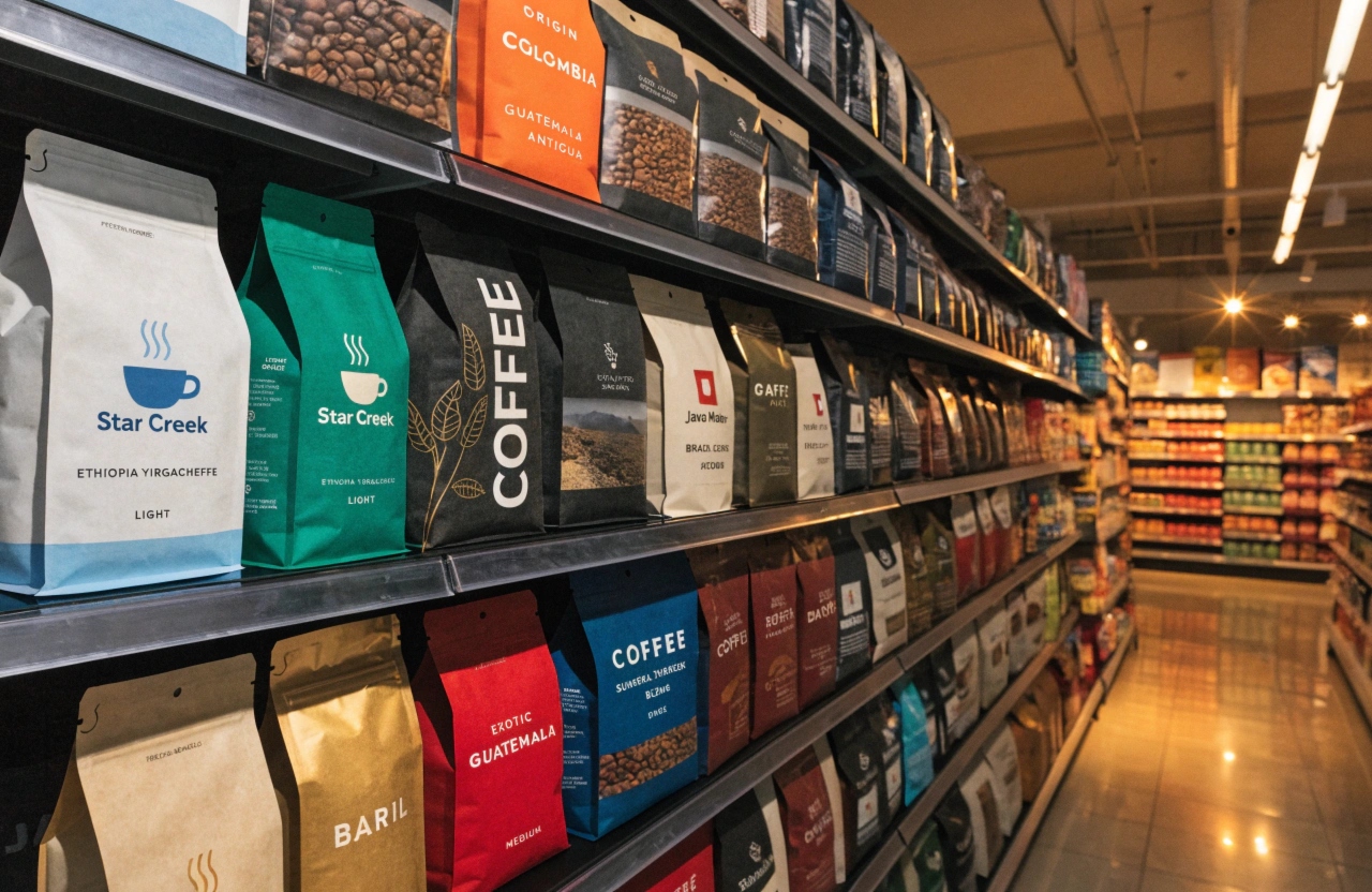 Assorted custom coffee packaging bags displayed on retail supermarket shelves.