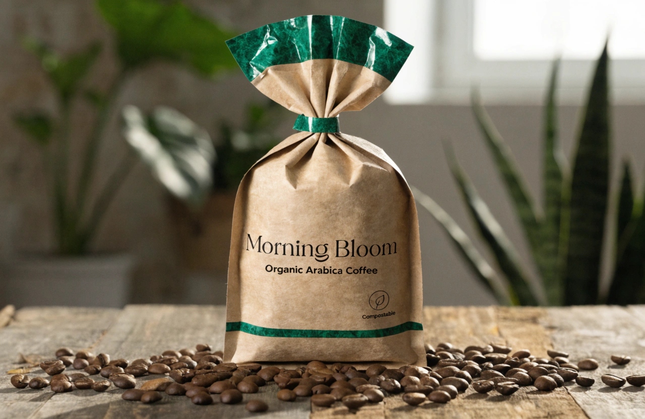 Compostable kraft coffee bag labeled Morning Bloom on coffee beans