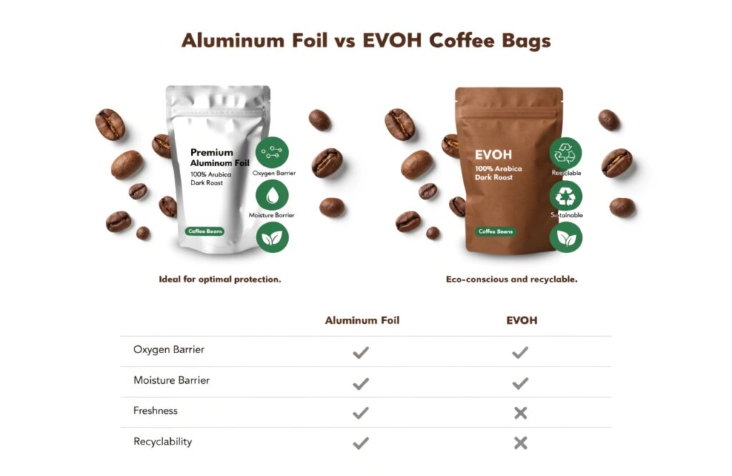 Comparison of aluminum foil and EVOH coffee bags showing barrier performance and recyclability differences.