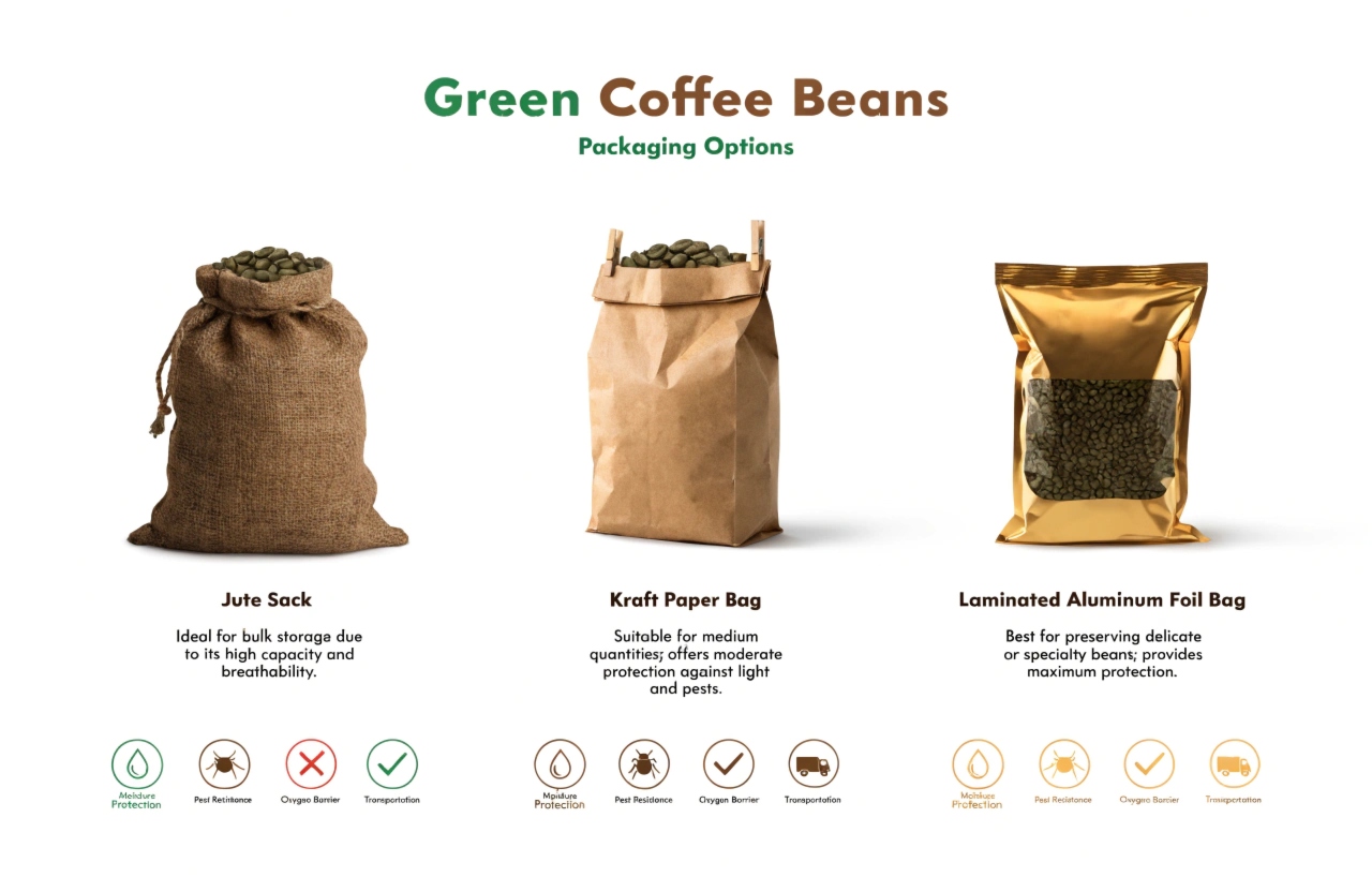 Green coffee bean packaging options including jute sack, kraft paper bag, and laminated aluminum foil bag.