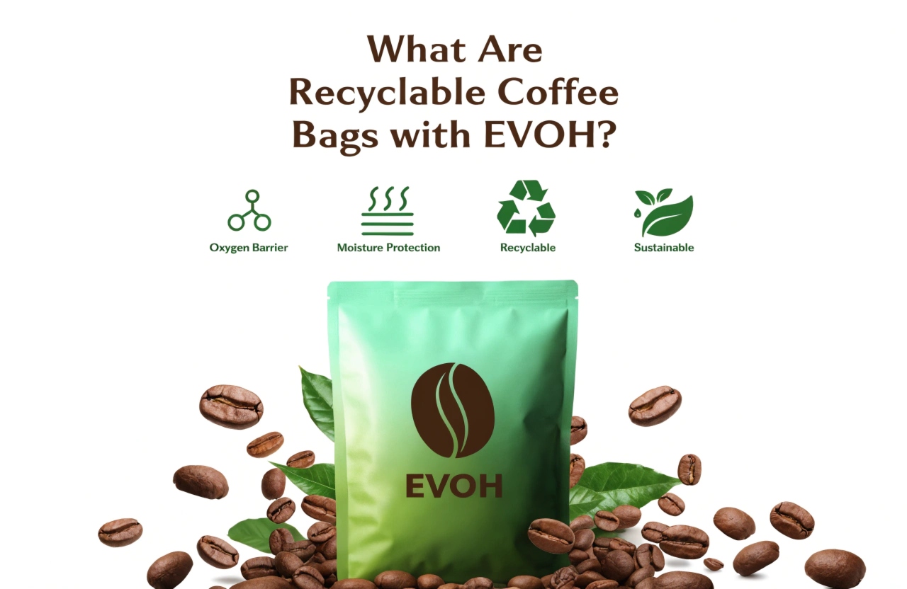 EVOH recyclable coffee bag highlighting oxygen barrier, moisture protection, sustainability, and eco-friendly packaging performance.