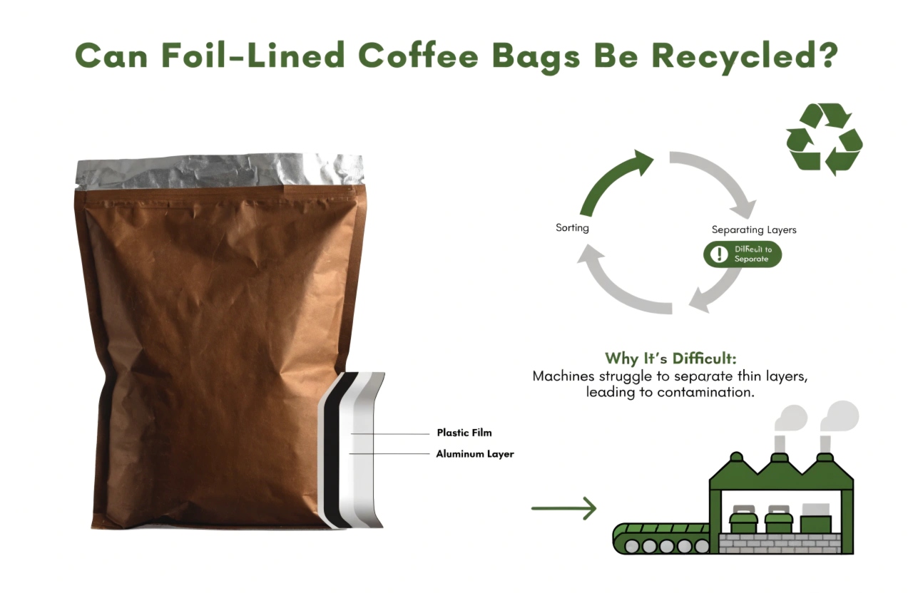 Foil-lined coffee bag structure explaining recycling challenges caused by plastic and aluminum laminated layers.