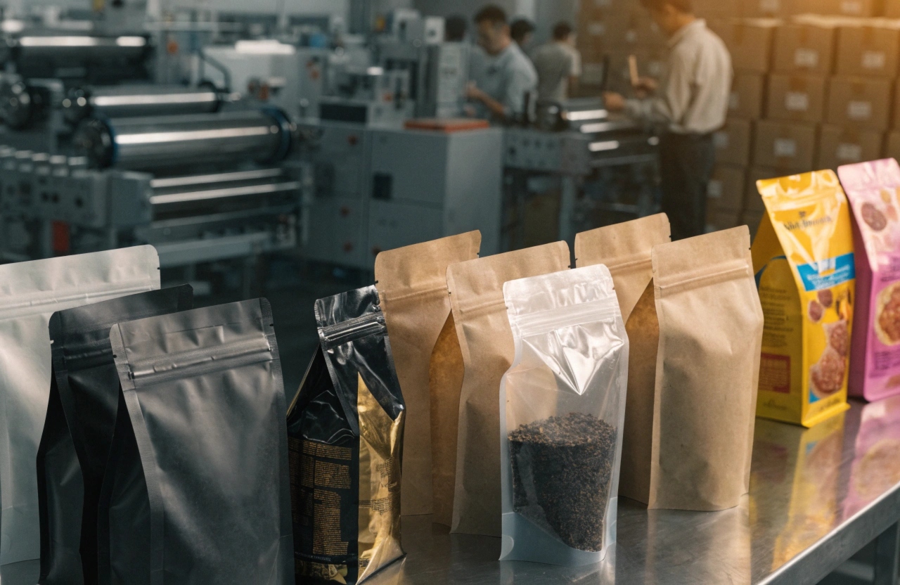 Flexible packaging pouches displayed in modern factory with custom coffee, food, and kraft bags.