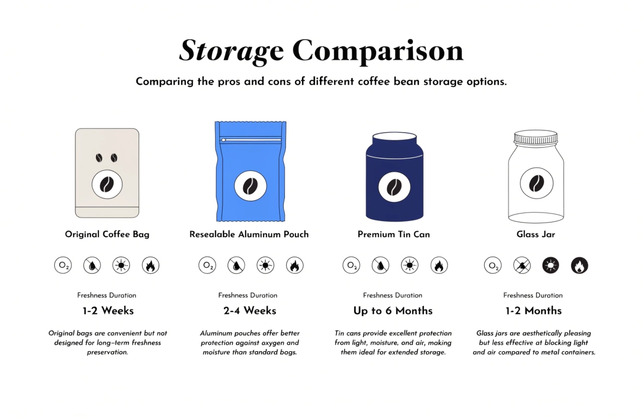 Comparison of coffee storage options showing freshness duration and protection benefits.
