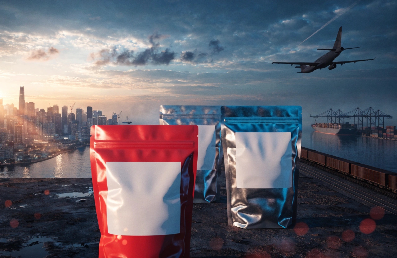 Custom stand-up packaging pouches supporting global shipping via air, sea, and rail logistics.