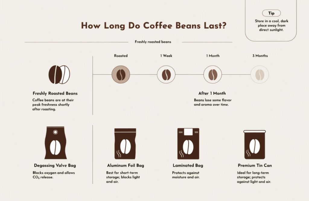 Infographic showing coffee bean freshness timeline and packaging options for longer storage.