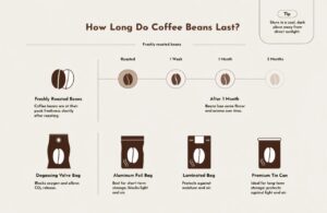 Infographic showing coffee bean freshness timeline and packaging options for longer storage.