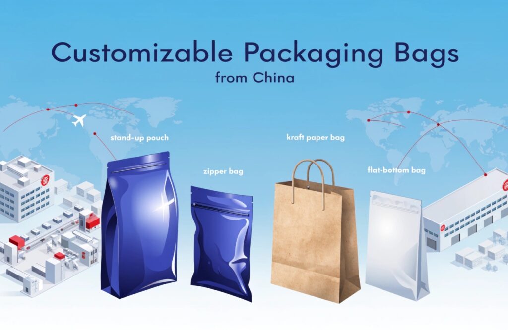 Custom packaging bags from China including stand-up pouch, zipper bag, kraft paper bag, flat-bottom bag.