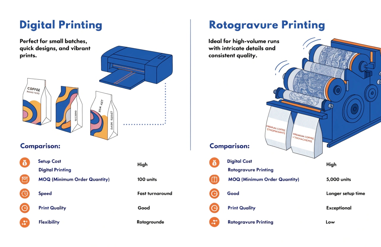 Comparison of digital and rotogravure printing methods for custom flexible packaging production.