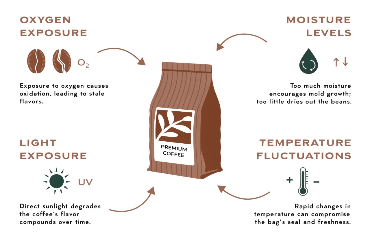 Infographic showing oxygen, moisture, light, and temperature affecting coffee freshness.