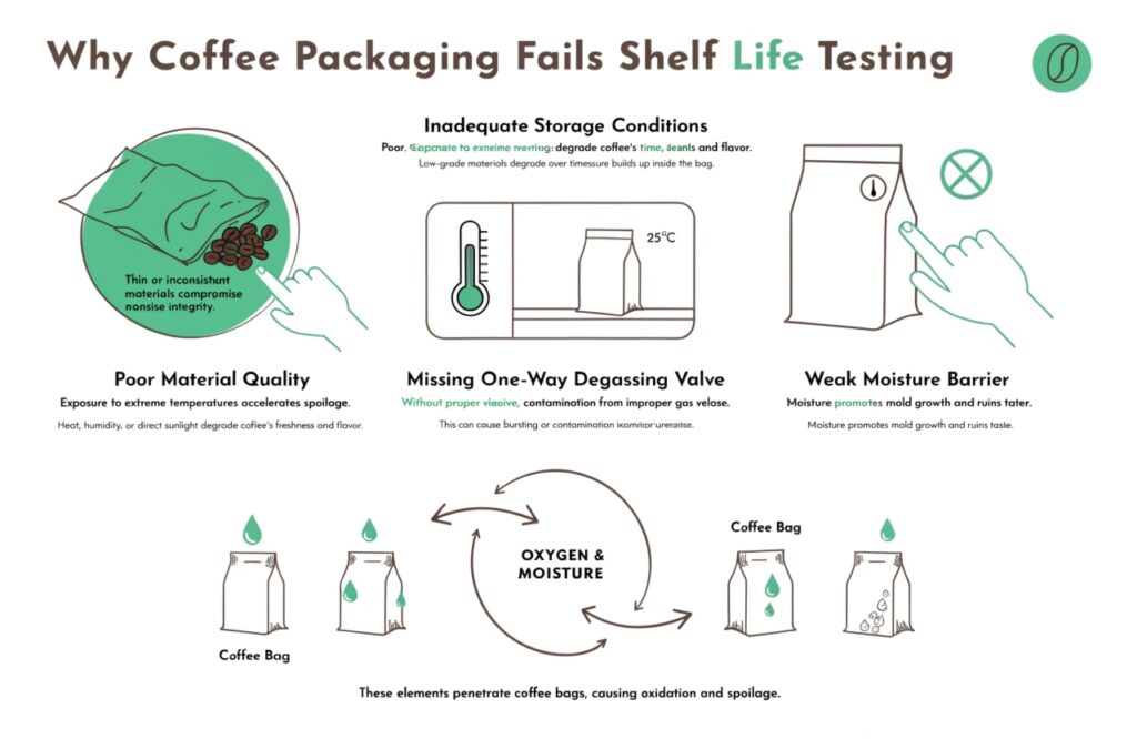 Infographic showing common coffee packaging failures affecting shelf life and freshness.