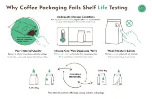 Infographic showing common coffee packaging failures affecting shelf life and freshness.
