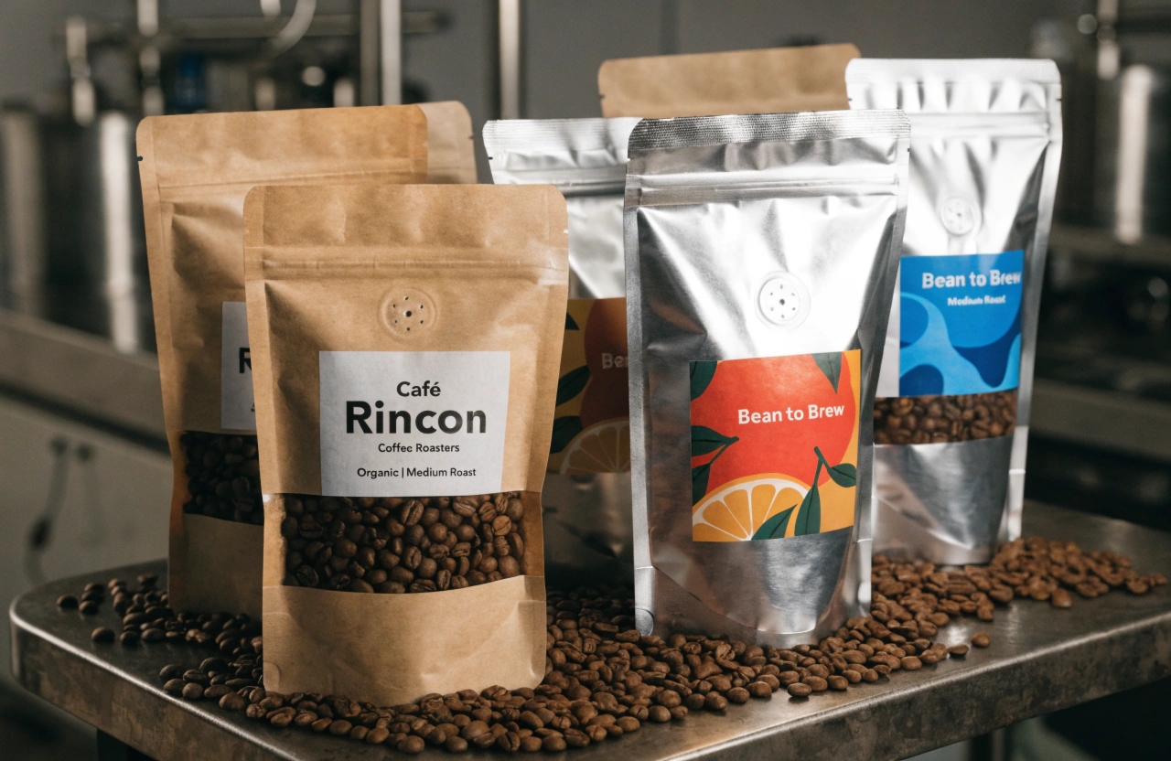 Custom coffee bags with clear window and valve for fresh coffee bean packaging.