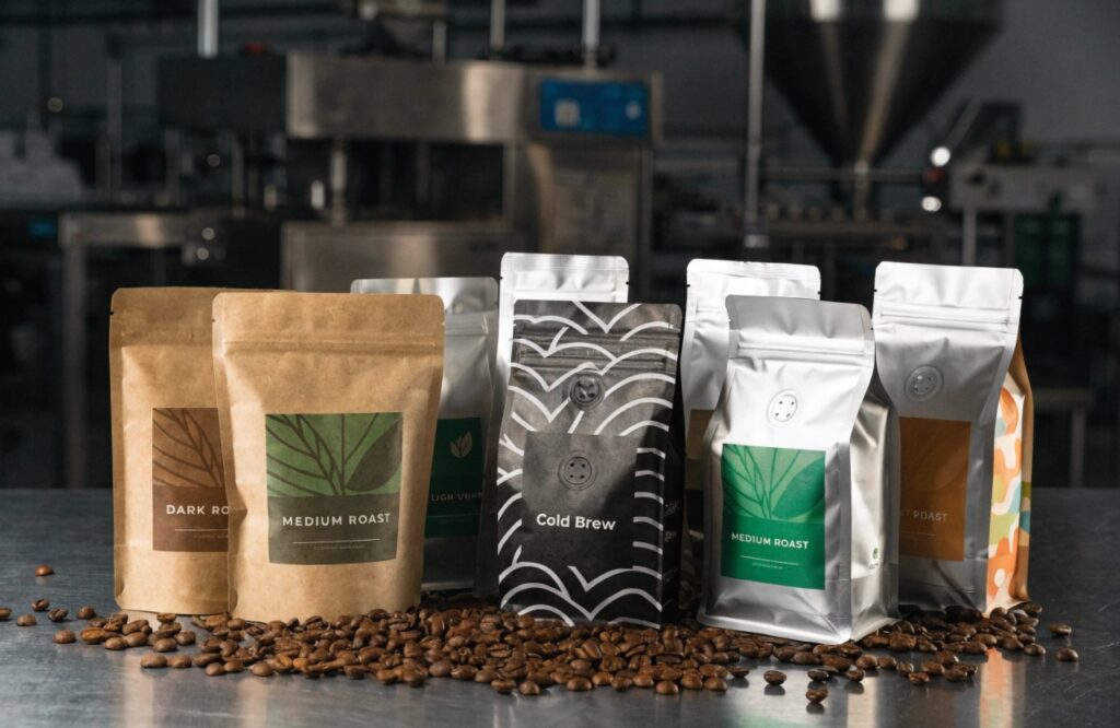 Custom stand-up coffee packaging pouches displayed with coffee beans in factory setting.