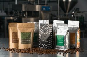 Custom stand-up coffee packaging pouches displayed with coffee beans in factory setting.