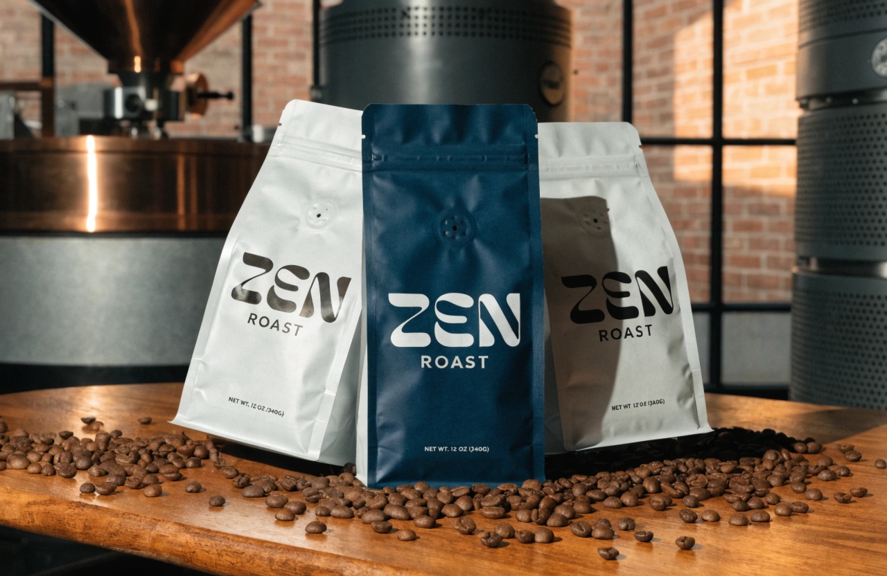Custom flat bottom coffee pouches with degassing valves for premium coffee packaging.