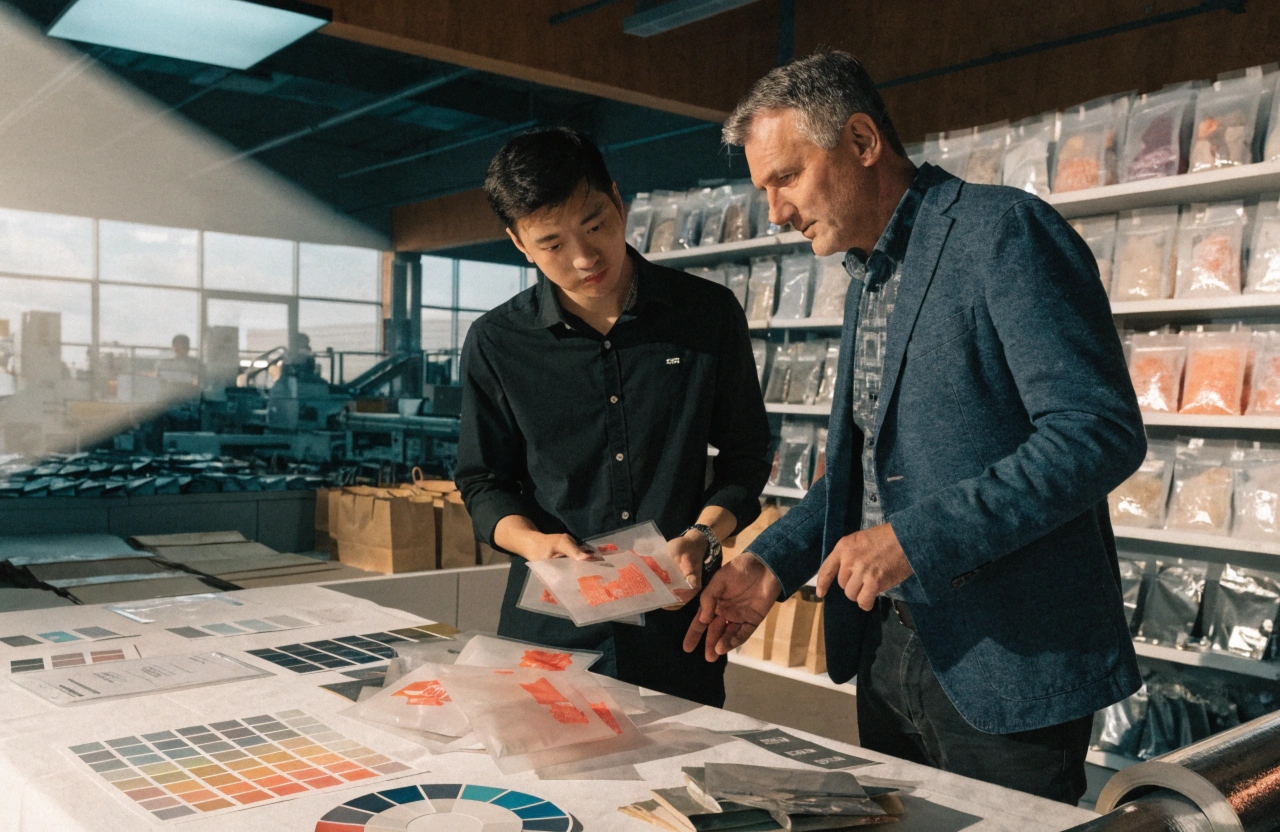 Customer reviewing custom flexible packaging samples with factory team for quality and design approval.