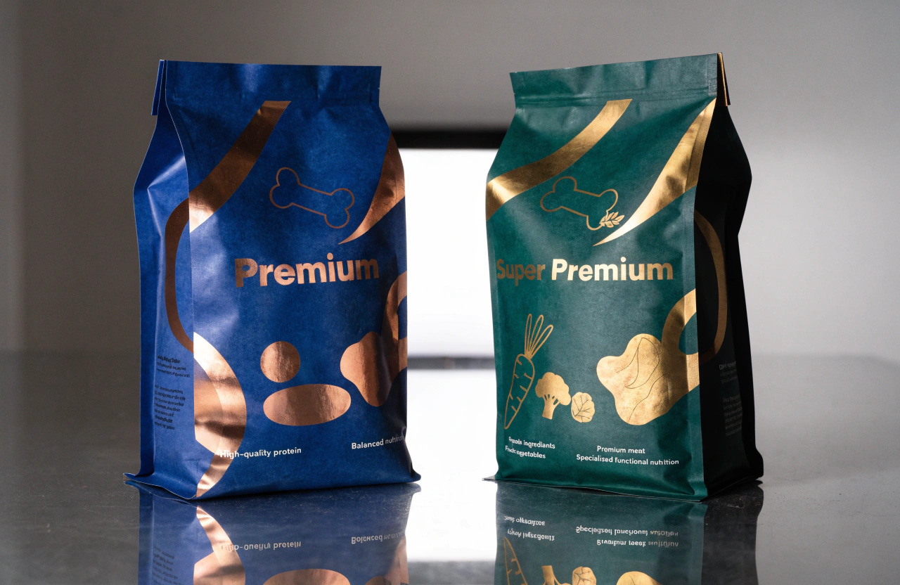 Premium custom pet food packaging pouches with metallic printed designs