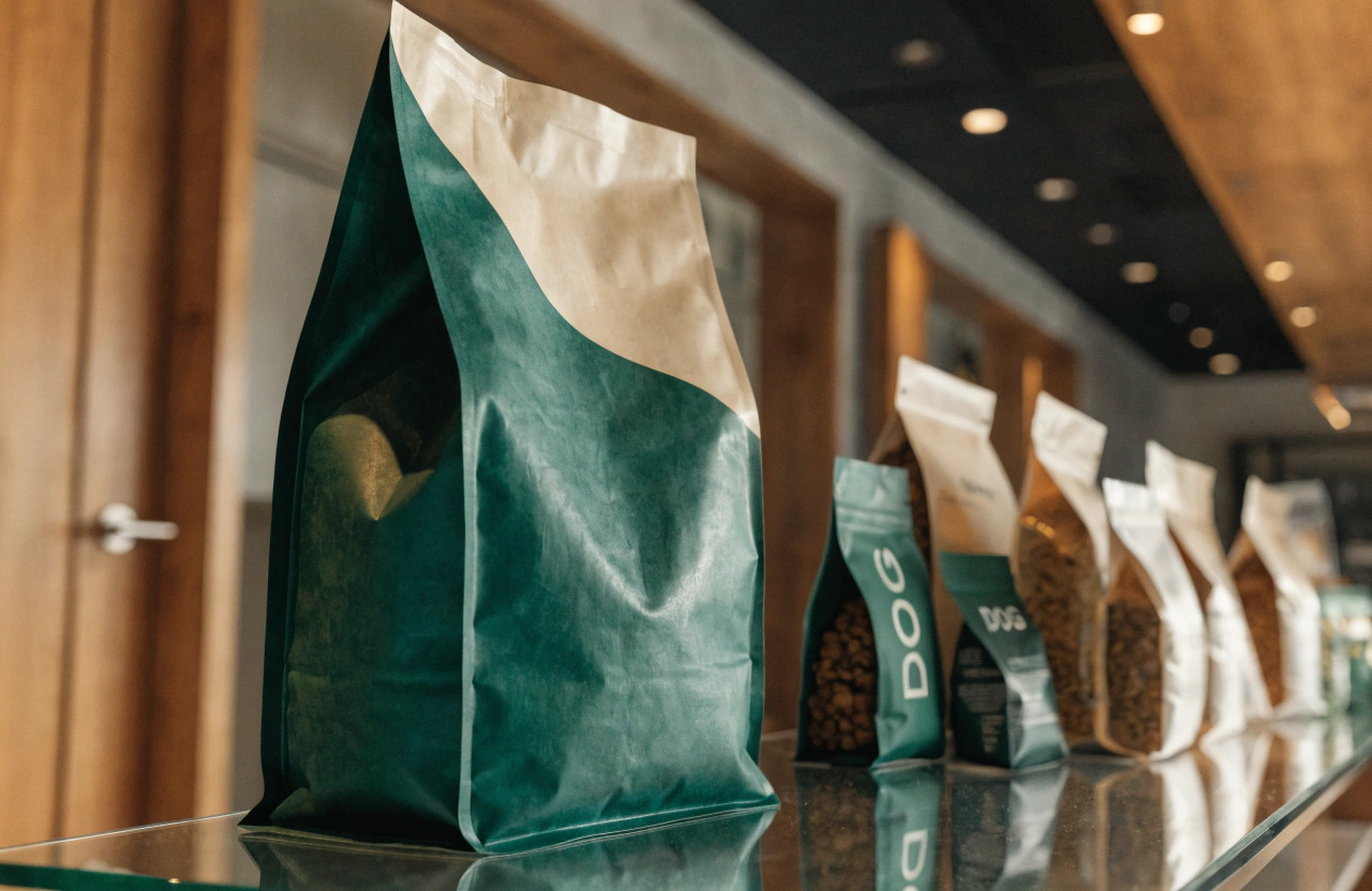 Premium custom coffee packaging pouches displayed on a retail shelf
