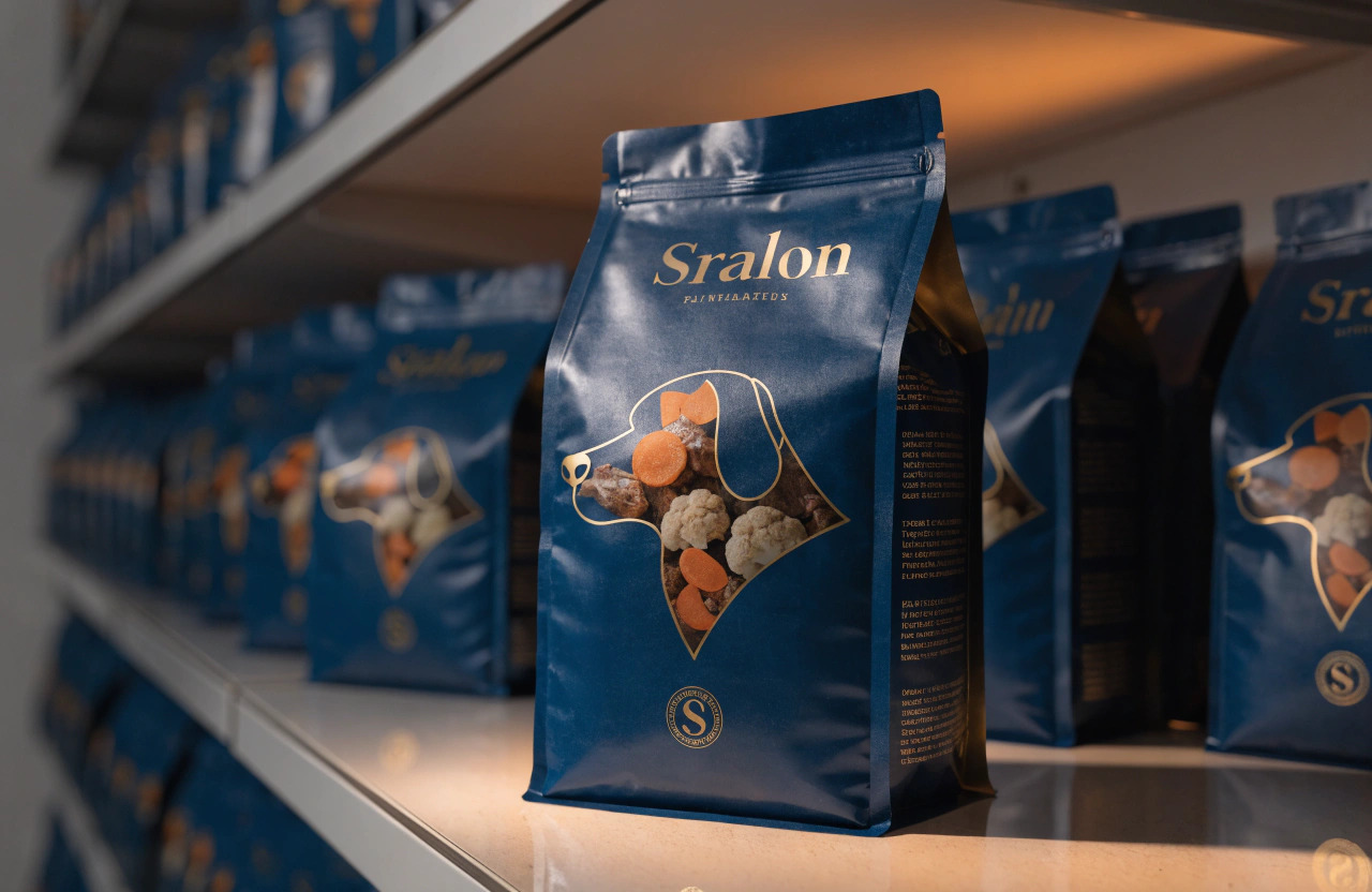Custom blue stand up pet food packaging pouches displayed on shelves