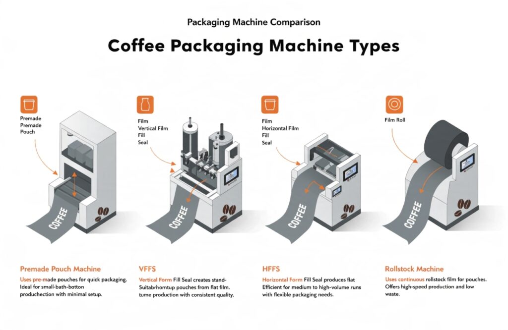 Coffee packaging machine types comparison with pouch and rollstock systems