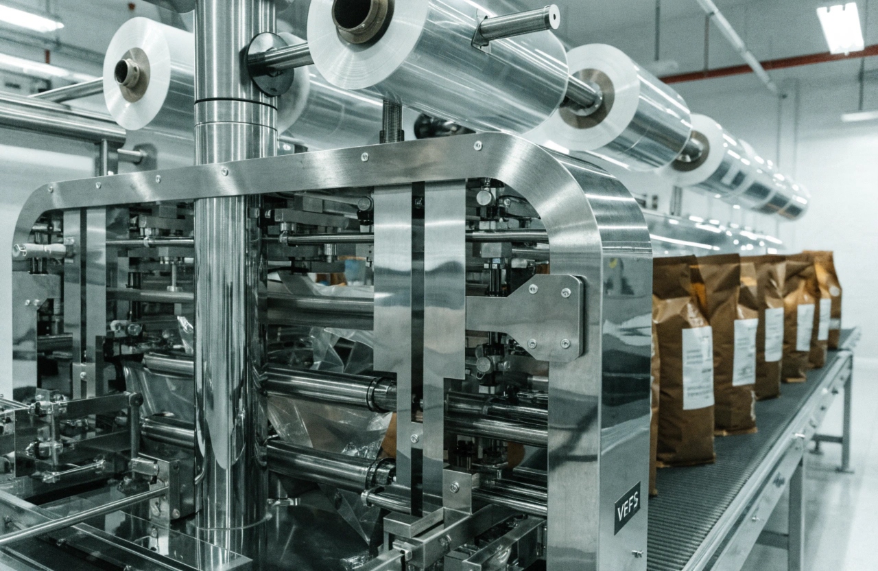 Industrial VFFS packaging machine producing coffee bags with roll film