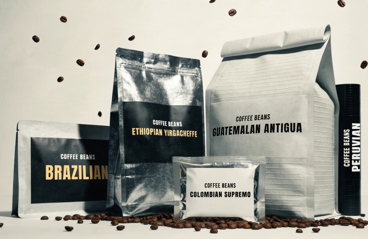 Custom coffee packaging pouches displaying premium coffee bean varieties