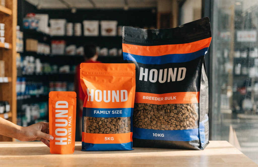 Custom printed pet food packaging bags displayed in multiple sizes