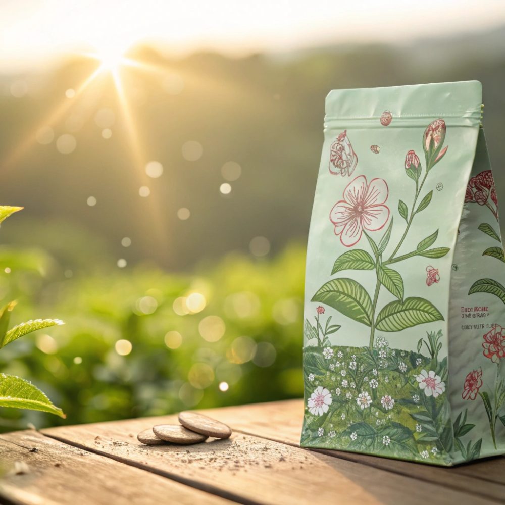 Floral printed tea pouch on wooden table in sunlit green tea field.